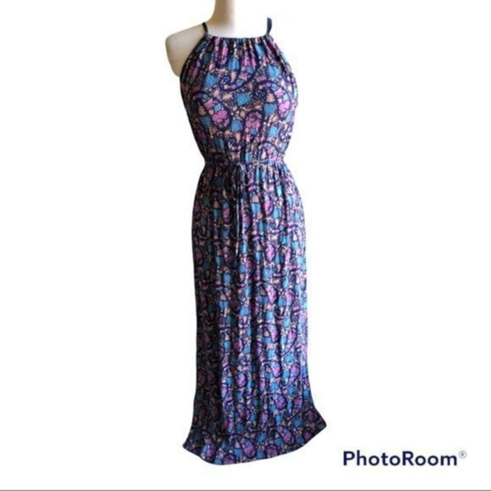 Lucky Brand navy floral halter gathered neckline max dress small